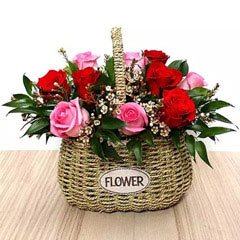 Red and Pink Roses Mini Basket - Valentine Flowers Al Ain