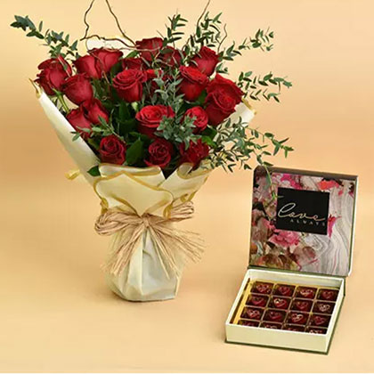 20 Red Roses Hand Bouquet and Chocolates