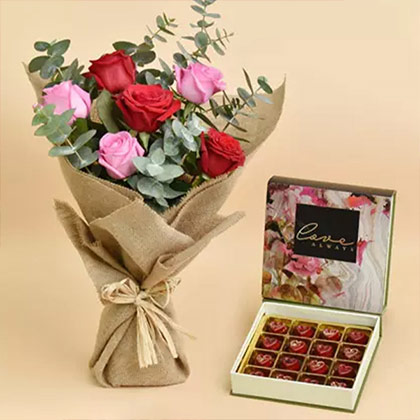 3 Pink 3 Red Roses Valentines Bouquet And Chocolates